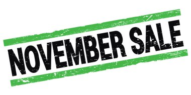 Siyah-yeşil dikdörtgen mühür işareti üzerine yazılmış Kasım ayı satış metni.