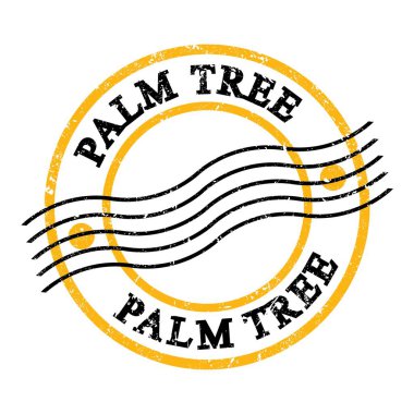 PALM TREE, sarı-siyah grungy posta damgası üzerine yazılmış metin.