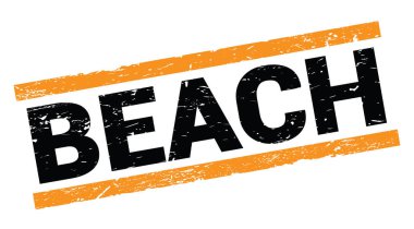 Turuncu dikdörtgen damga işareti üzerine yazılmış BEACH metni.