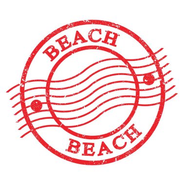 BEACH, kırmızı grungy posta pulu üzerine yazılmış metin.