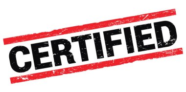 Siyah-kırmızı dikdörtgen mühür işareti üzerine yazılmış CERTIFIED metin.