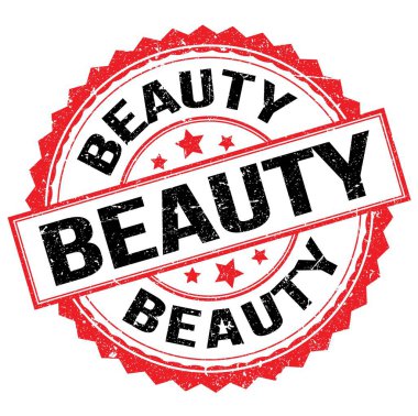Kırmızı-siyah yuvarlak mühür işareti üzerine yazılmış BEAUTY metin