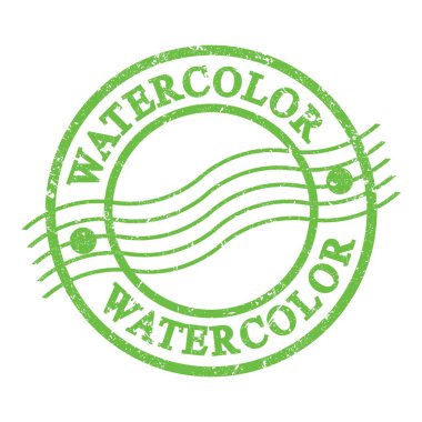 WATERCOLOR, yeşil grungy posta pulu üzerine yazılmış metin.