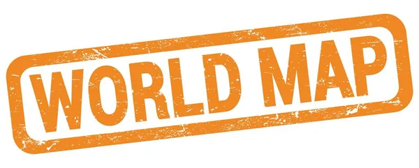 写在橙色矩形邮票标志上的世界地图文本 — 图库照片