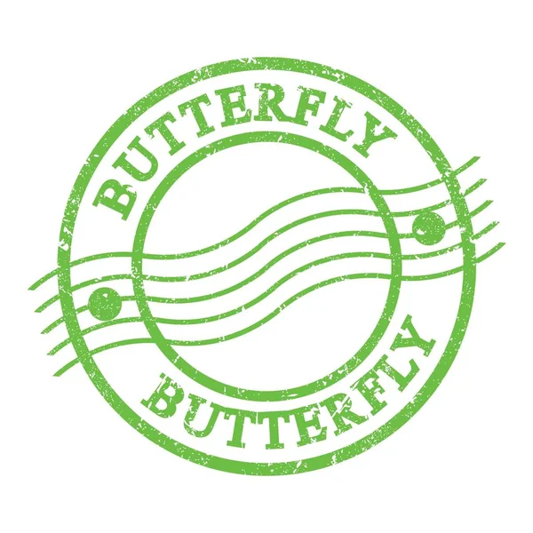 Butterfly Tekst Napisany Zielonym Grungy Znaczku Pocztowym — Zdjęcie stockowe