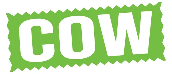 stock image COW text written on green zig-zag stamp sign.