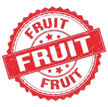 Kırmızı yuvarlak pul işareti üzerine yazılmış meyveli metin