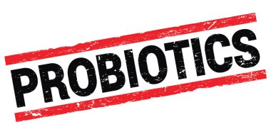 Siyah-kırmızı dikdörtgen işareti üzerine yazılmış PROBIOTICS metni.