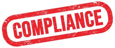 COMPLIANCE, kırmızı dikdörtgen mühür işareti üzerinde metin.