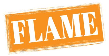 FLAME text written on orange rectangle stamp sign.