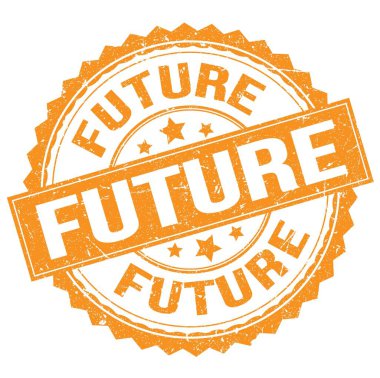 Turuncu yuvarlak damga işareti üzerine yazılmış FUTURE metin