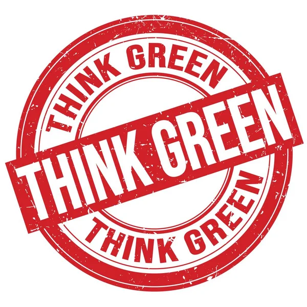 Текст Think Green Написаний Червоному Круглому Круглому Гранжевому Знаку Марки — стокове фото