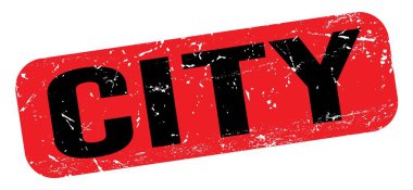 Kırmızı-siyah grungy işareti üzerine yazılmış şehir metni.