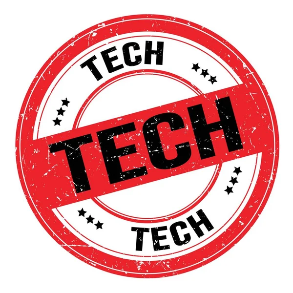 Tech Szöveg Piros Fekete Kerek Grungy Bélyegzőtáblára Írva — Stock Fotó