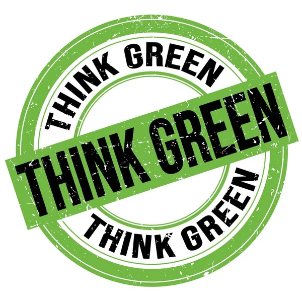 Текст Think Green Написаний Зелено Чорному Круглому Гранжевому Знаку Маркування — стокове фото