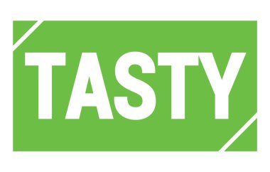 Yeşil dikdörtgen damga işareti üzerine yazılmış lezzetli metin.