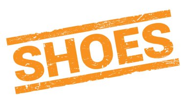 SHOES text written on orange rectangle stamp sign.