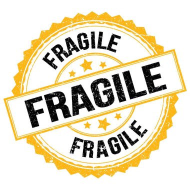 Sarı-siyah yuvarlak mühür işareti üzerine yazılmış FRAGILE metin