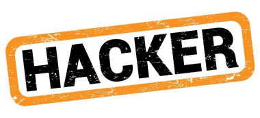 HACKER metni turuncu-siyah dikdörtgen mühür işareti üzerine yazılmış.