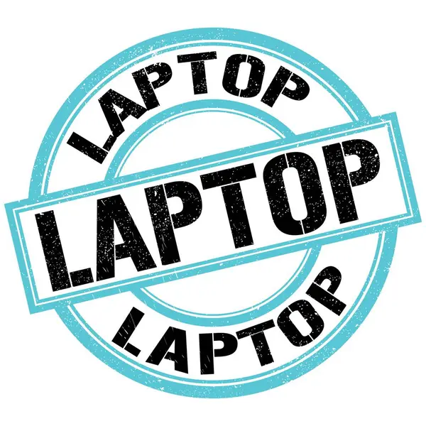 Laptop Tekst Napisany Niebiesko Czarnym Okrągłym Znaku Znaczka — Zdjęcie stockowe