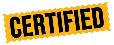 Turuncu-siyah zig-zag damgası üzerine yazılmış CERTIED metin.