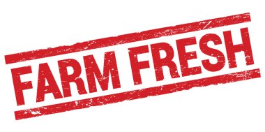 Kırmızı dikdörtgen mühür işareti üzerine yazılmış FARM FRESH metin.