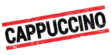 Siyah-kırmızı dikdörtgen işareti üzerine yazılmış CAPPUCCINO metni.