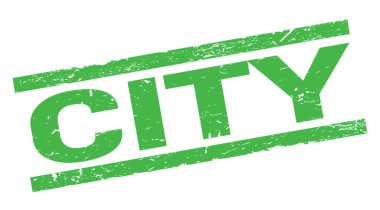 Yeşil dikdörtgen damga işareti üzerine yazılmış şehir metni.