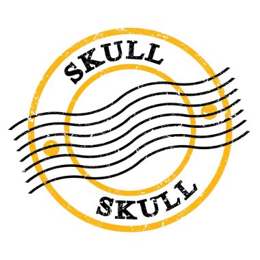SKULL, sarı-siyah grungy posta pulu üzerine yazılmış metin.