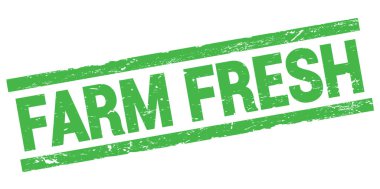 Yeşil dikdörtgen mühür işareti üzerine yazılmış FARM FRESH metin.
