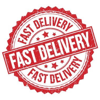 FAST DELIVERY kırmızı yuvarlak pul işareti üzerine yazılmış metin