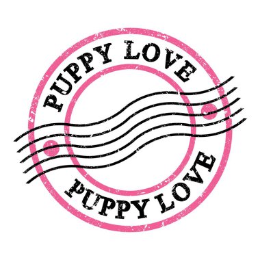 PUPPY Love, Pembe-siyah grungy posta pulu üzerine yazılmış metin.