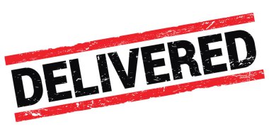 Siyah-kırmızı dikdörtgen mühür işareti üzerine yazılmış DELIVERED metin.