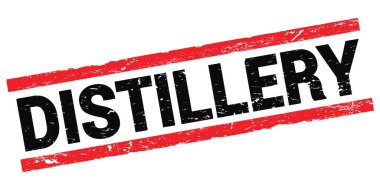 Siyah-kırmızı dikdörtgen mühür işareti üzerine yazılmış diSTILLERY metin.