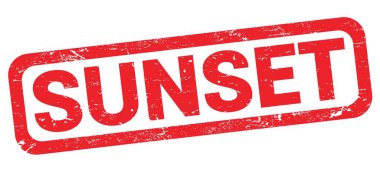 Kırmızı dikdörtgen damga işareti üzerine yazılmış SUNSET metni.