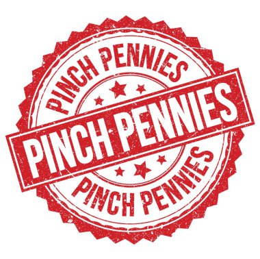 PINCH PENNIES kırmızı yuvarlak pul işareti üzerine yazılmış metin