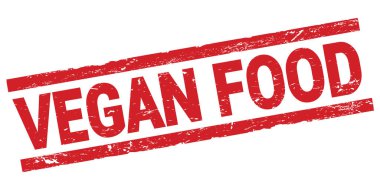 Kırmızı dikdörtgen işareti üzerine yazılmış VEGAN FOOD metni.