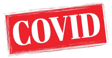 Kırmızı dikdörtgen pul işareti üzerine yazılmış COVID metni.