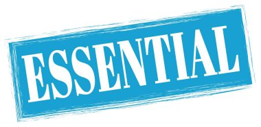 Mavi dikdörtgen mühür işareti üzerine yazılmış ESSENTIAL metin.