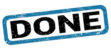 Mavi-siyah dikdörtgen mühür işareti üzerine yazılmış Done metni.