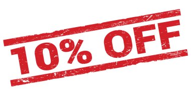 Kırmızı dikdörtgen mühür işareti üzerine yazılmış% 10 indirimli metin.