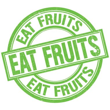 Yeşil yuvarlak damga işareti üzerine yazılmış FRUITS metni ye