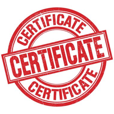 Kırmızı yuvarlak pul işareti üzerine yazılmış CERTIFICATE metin