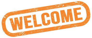 Hoş geldiniz, turuncu dikdörtgen damgalı metin.