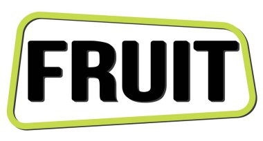 Yeşil-siyah trapez damgası üzerine yazılmış meyveli metin.