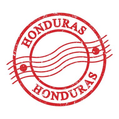 HONDURAS, text written on red grungy postal stamp.