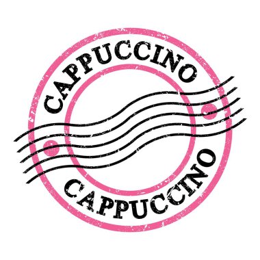 CAPPUCCINO, text written on pink-black grungy postal stamp.