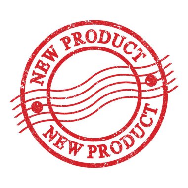 NEW PRODUCT, text written on red grungy postal stamp.
