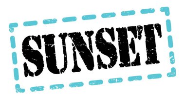 SUNSET text written on blue-black dash stamp sign.
