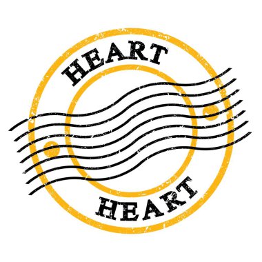 HEART, text written on yellow-black grungy postal stamp.